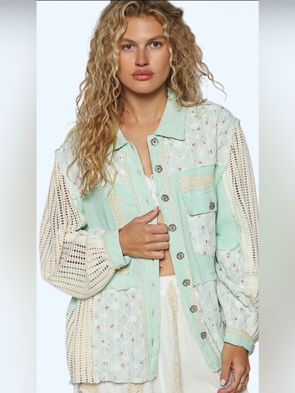 POL Mint Patchwork Crochet-Accent Jacket Size Large